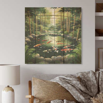 Bambou et étang à koïs - Art mural en bois de bambou sur bois de pin naturel