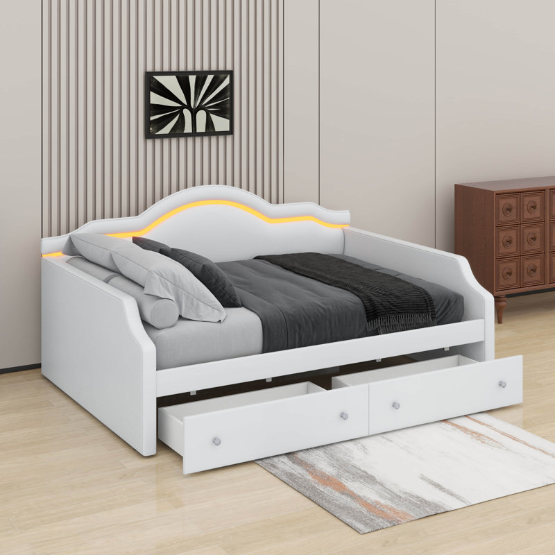 Twin Size Upholstered Daybed With LED And Drawers, Beige, Twin