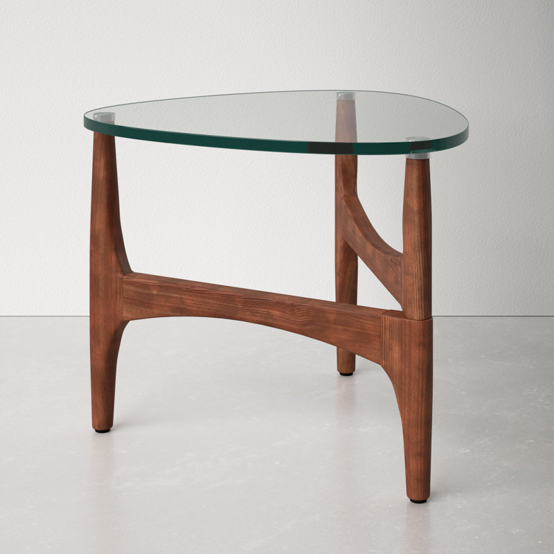 Triangular Clear Glass and Walnut End Table