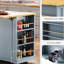 Chariot pour îlot de cuisine gris bleu avec 2 tabourets, prise de courant, espace de rangement interne, abattant, 3 tiroirs, 5 ouvert-120996827