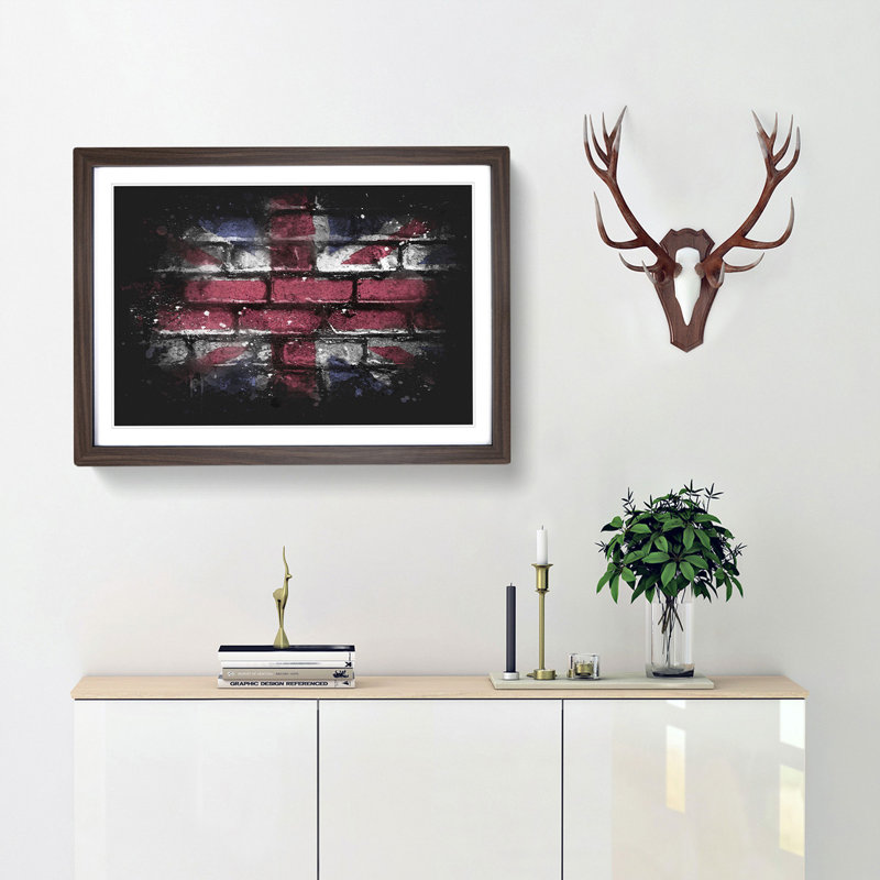 Union Jack Brick Wall Graffiti - Picture Frame Graphic Art Print, 24cm H x 33cm W x 2cm D, Walnut Framed