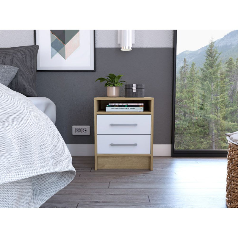 2-Drawer 1-Shelf Rectangle Nightstand, White/Brown