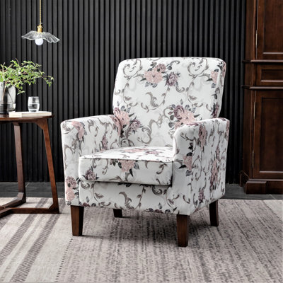 Patterned Polyester Blend Armchair, Solid Birch Wood Frame with Brown Tapered Legs, Foam Padded Accent Chair with Trim Detail for Living Room Office