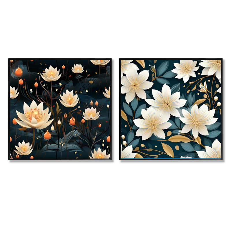 Shawnda - Ensemble de 2 collages floraux carrés, Cadre flottant noir, H 16 po x l 33 po