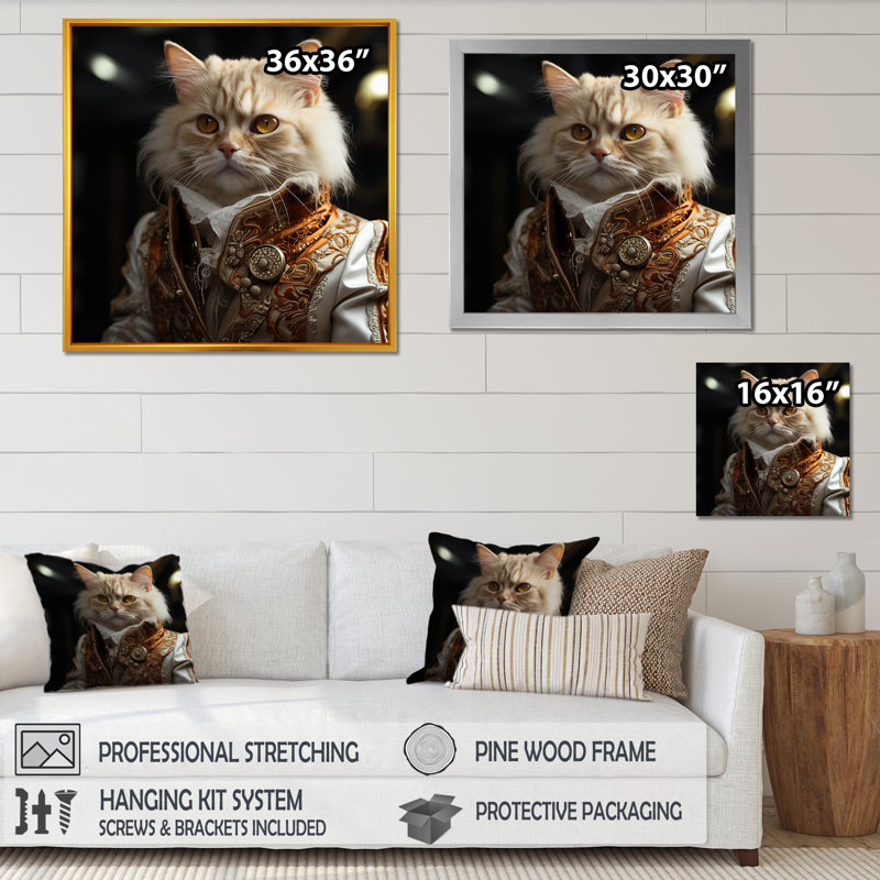 Élégance chat habillé en costume - décoration murale chat, Cadre simple blanc, H 36 po x l 36 po x P 1,5 po