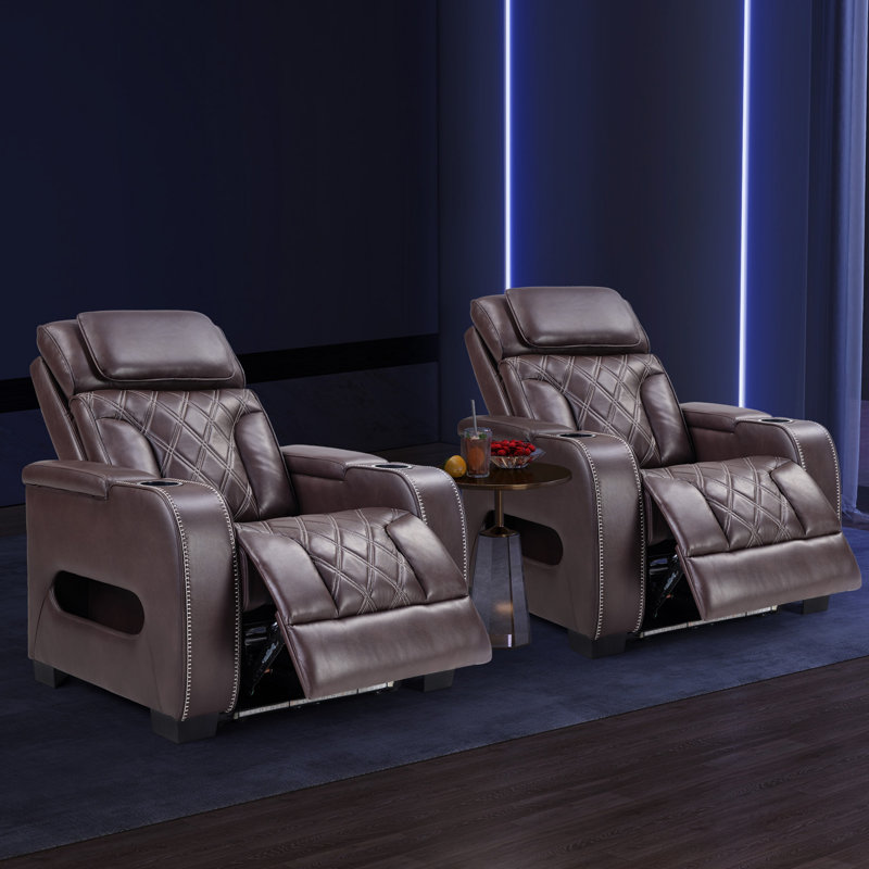 37.4" Wide Modern Faux Leather Dual Motor Power Recliner With Adjustable Headrest & Ambient Arm Lighting (Set Of 2), Brown