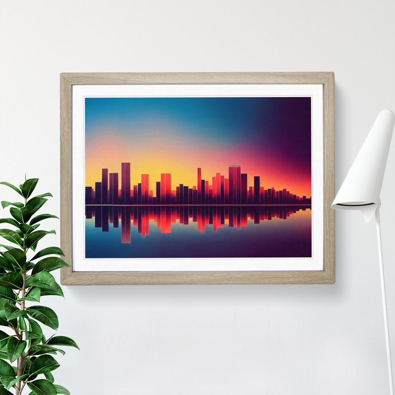 Vibrant Skyscraper Skyline - Framed Print, 34cm H x 46cm W x 2cm D, Oak