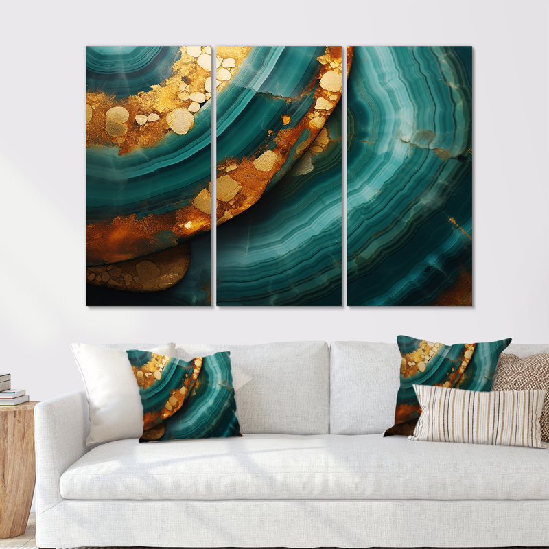 Agate Indigo Gold Waves - ensemble d'impression d'art mural en marbre, Toile tendue, H 32 po x l 48 po x P 1 po