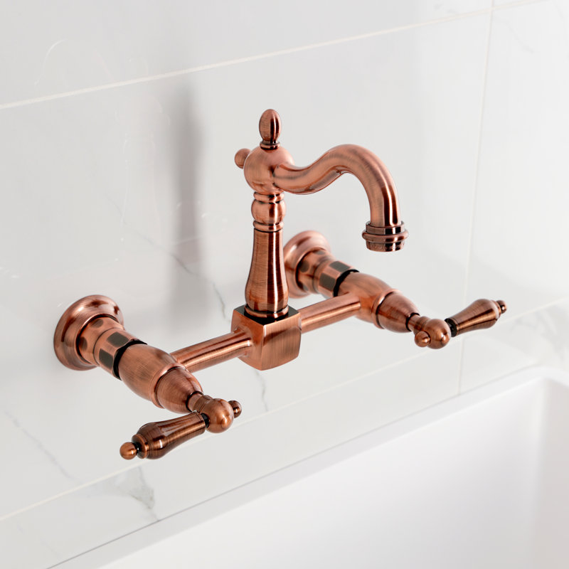 Kingston Brass Heritage Double-Handle 2-Hole Wall-Mount Bridge Kitchen Faucet, Antique Copper