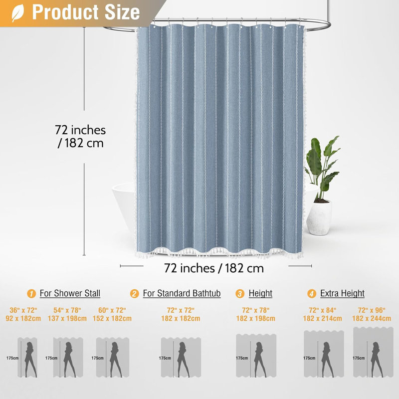 Blue Linen Blend Boho Farmhouse Shower Curtain with Tassels