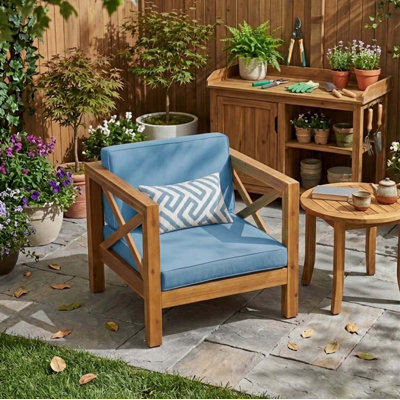 Mid Century Outdoor Club Chair with Acacia Wood Frame and Cushioned Seat for Patio Porch Balcony