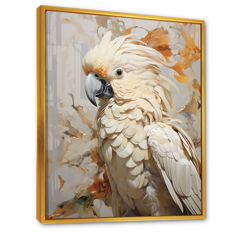 Perroquet beige à plumes élégance II, Cadre flottant doré, H 32 po x l 16 po x P 1 po
