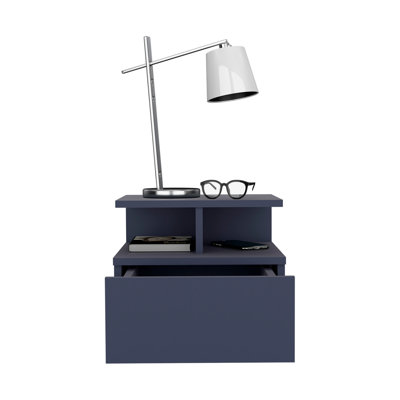 Adele Floating Nightstand, With One Drawer And Two Small Below Shelves For Storage or Decor, Navy Blue