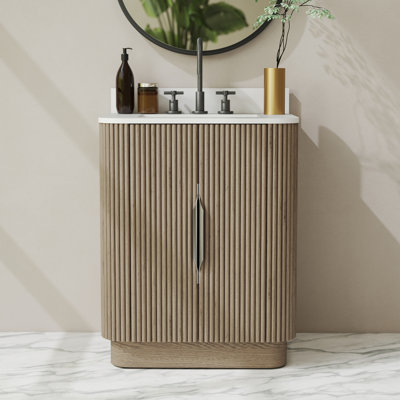 Ensemble de meuble-lavabo moderne à double porte cannelée en bois massif 28 po avec lavabo encastré en porcelaine