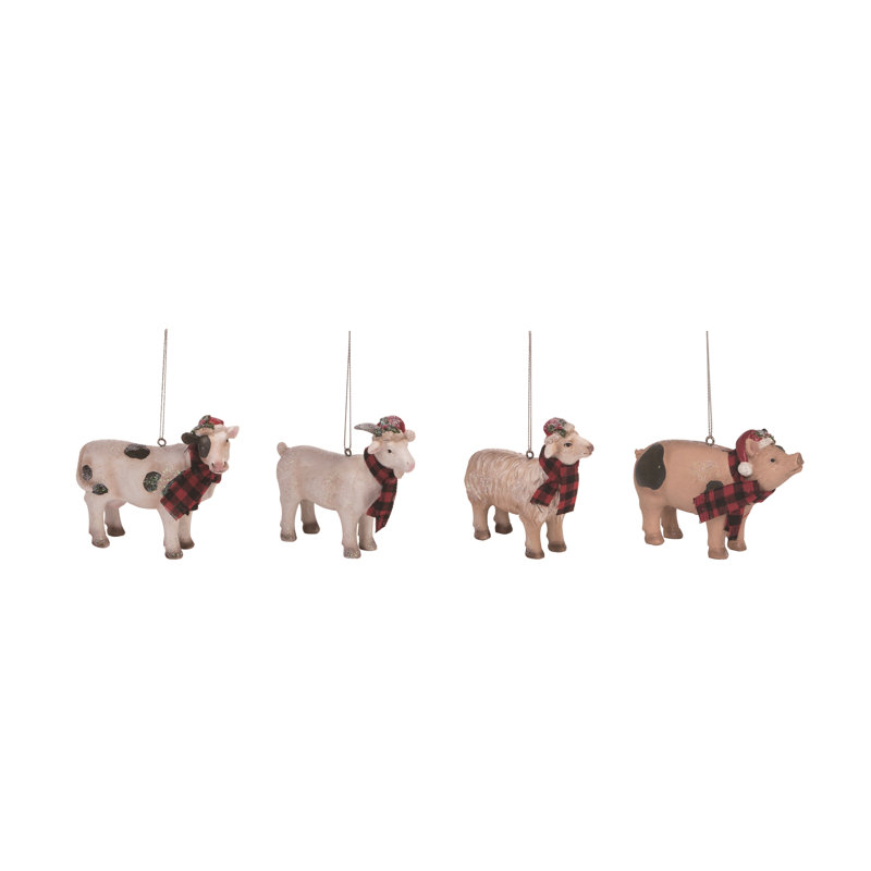  Ensemble de 4 décorations de Noël en polyrésine de Noël pour animaux de ferme, 3,75 po de diamètre