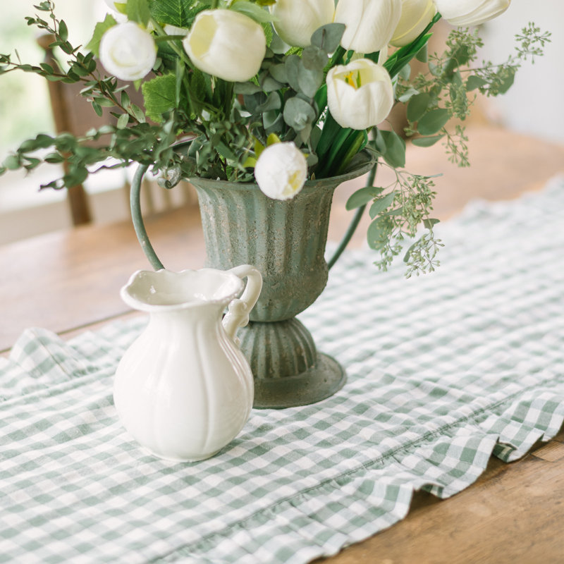Chemin de table en coton Ã  volants, motif vichy rose poudrÃ©, Rosehill Cottage - 12 x 72 cm, rose et naturel, forme ovale