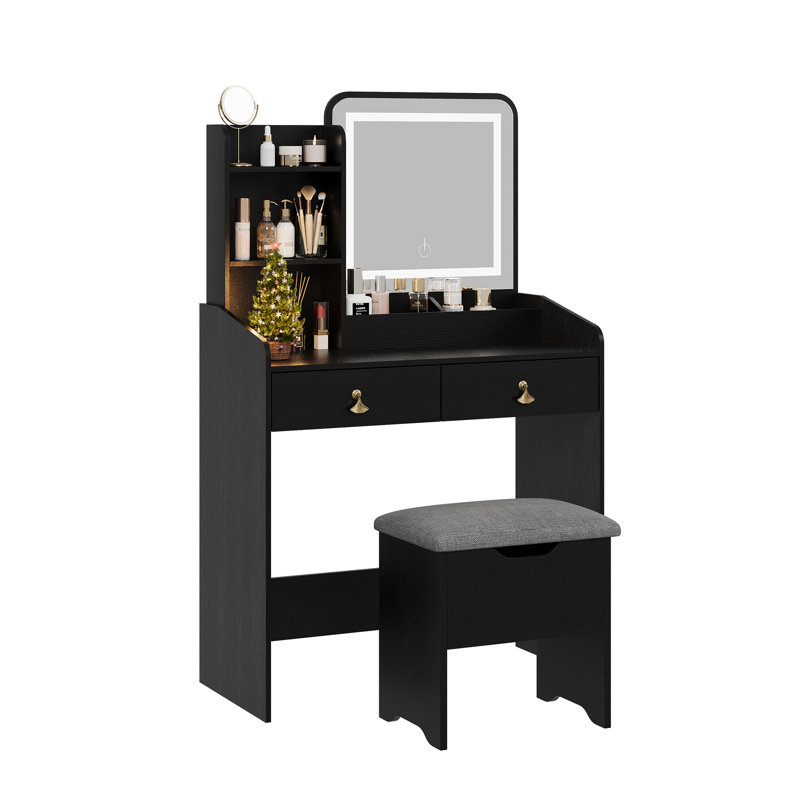 Meuble-lavabo avec miroir lumineux à DEL et station de charge, petit ensemble de coiffeuse avec tabouret de rangement, 4 tablettes ouvertes et 2 tiroirs, coiffeuse pour filles, noir