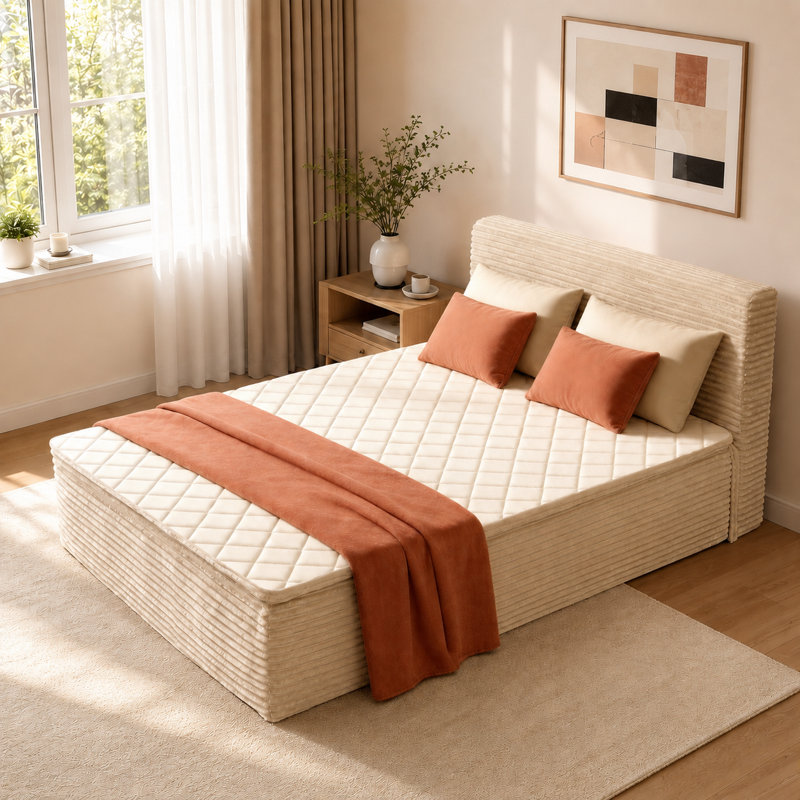Lit plateforme de compression rembourrée avec tête de lit capitonnée, Full, Beige