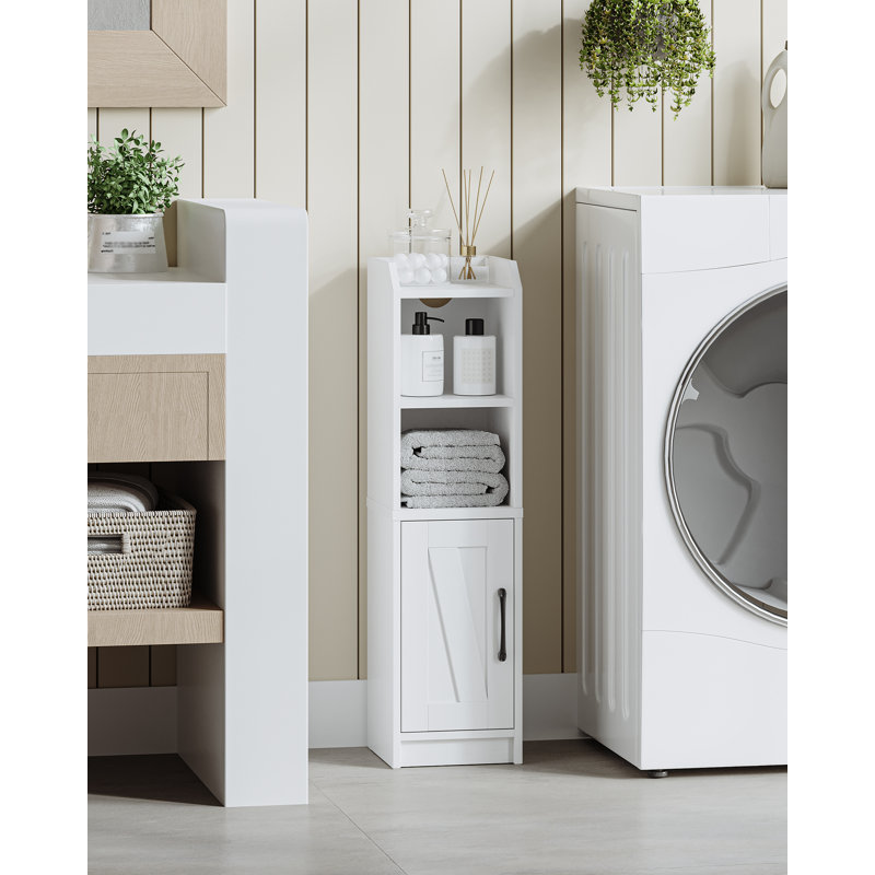 Bathroom Storage Cabinet, Small Farmhouse Corner Floor Cabinet with Door and Shelves, Narrow Toilet Paper Holder Stand, Bathroom Organizer with Adjustable Shelf, for Small Spaces, White