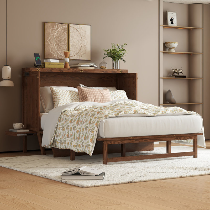 Grand lit escamotable en noyer, conception multifonctionnelle en bois de pin pour la maison