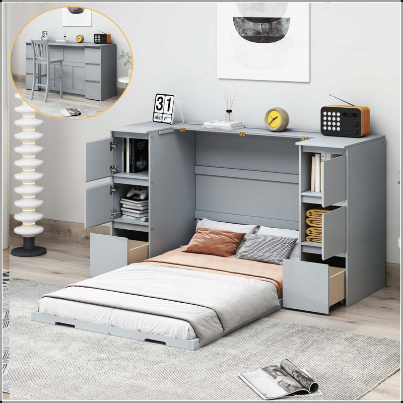 Murphy Bed with Drawers, Gray, Twin