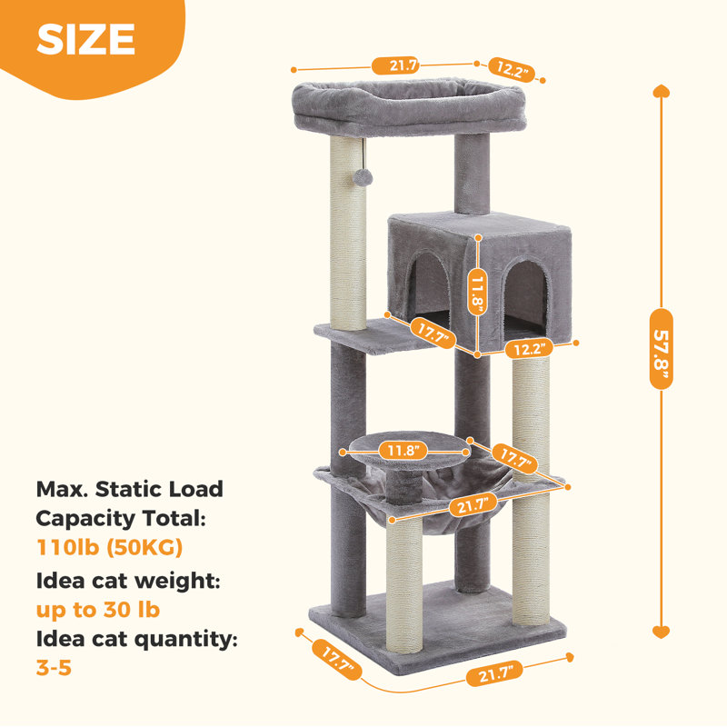 Plush 57.8-Inch Cat Tower Gray, Gray