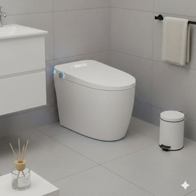 Intelligent bidet-integrated toilet without a separate tank, one-piece design with automatic flushing, automated lid opening and closing, temperature-controlled seat, warm water washing and air drying, adjustable temperature settings