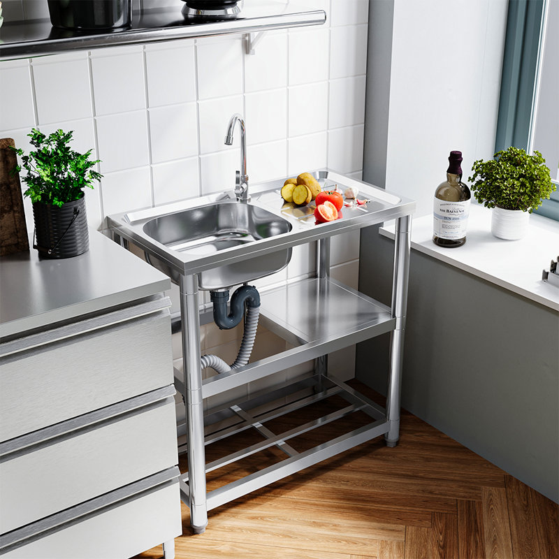 17 Stories W Single Bowl Stainless Steel Kitchen Sink with 2 Faucet Holes, 800mm H x 750mm L x 400mm W
