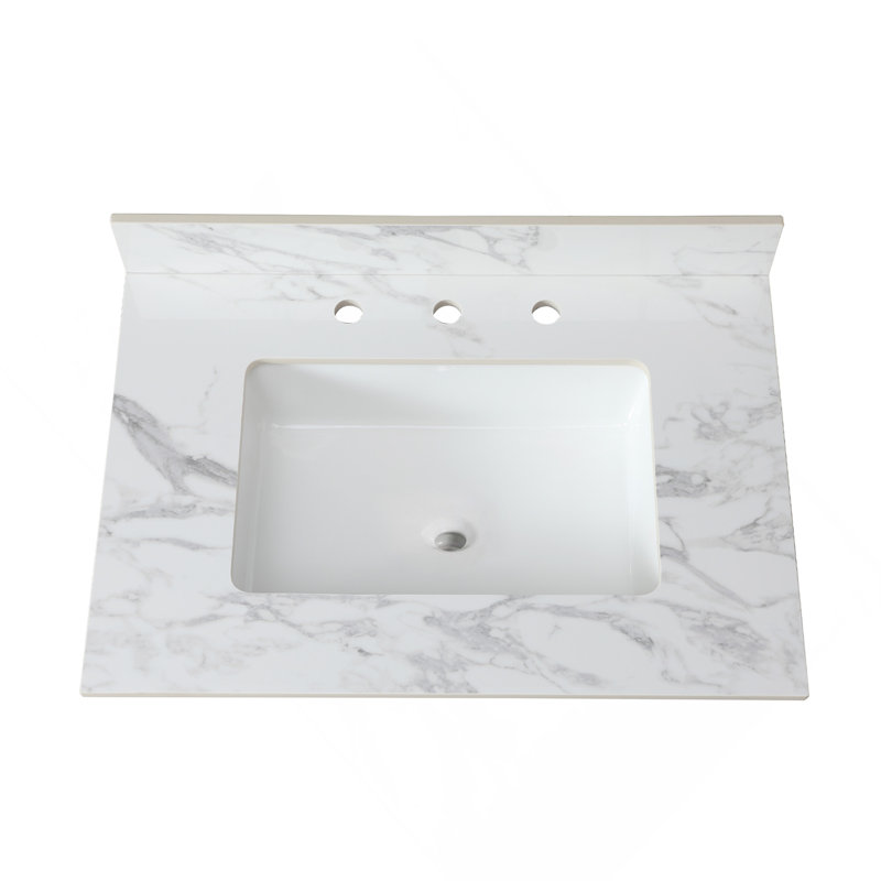 31"X22"Bathroom Vanity Top,Sintered Stone Carra White   Barthroom Vanity Sink Tops With Rectangular Undermount Ceramic Sink With Vanity Backsplash, Three Faucet Hole