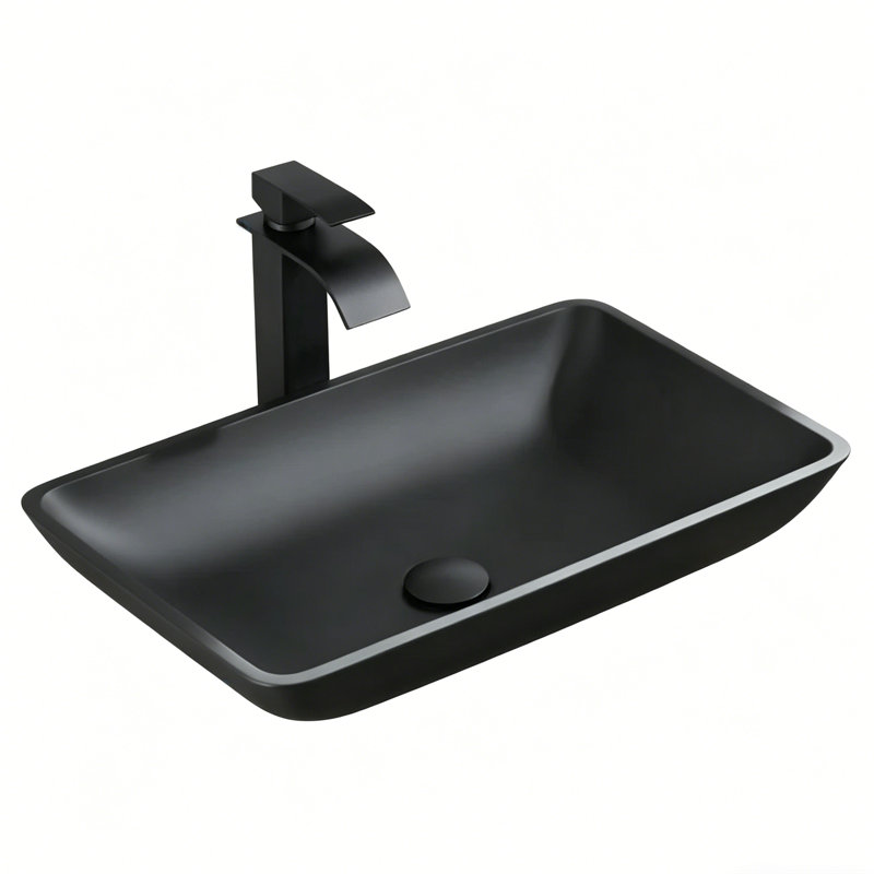 Topcraft 22" Matte Black Glass Rectangular Vessel Bathroom Sink with Faucet and Pop-up Drain