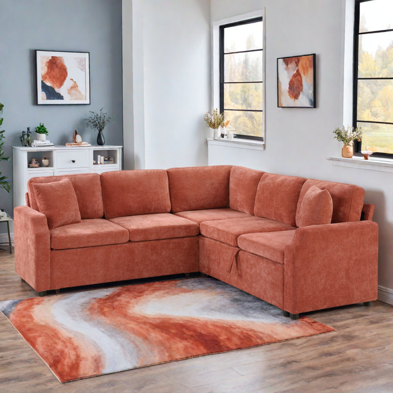 L-shaped Sectional Sofa With Hidden Storage Compartment, Orange Chenille