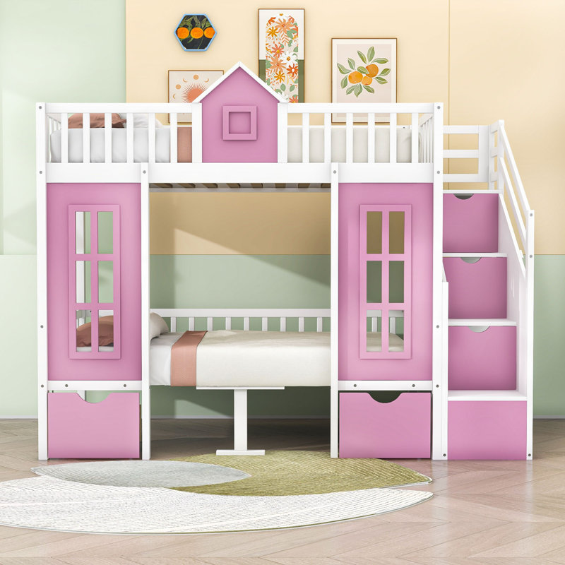 Anecia Convertible Bunk Bed With Desk And Storage Drawers,Shelves, Twin Over Twin, Pink