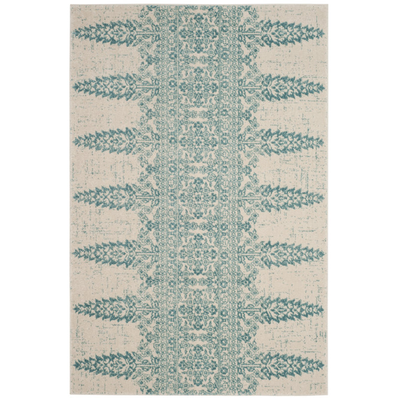 Annette Damask Ivory/Teal Area Rug, Rectangle 3' x 5'