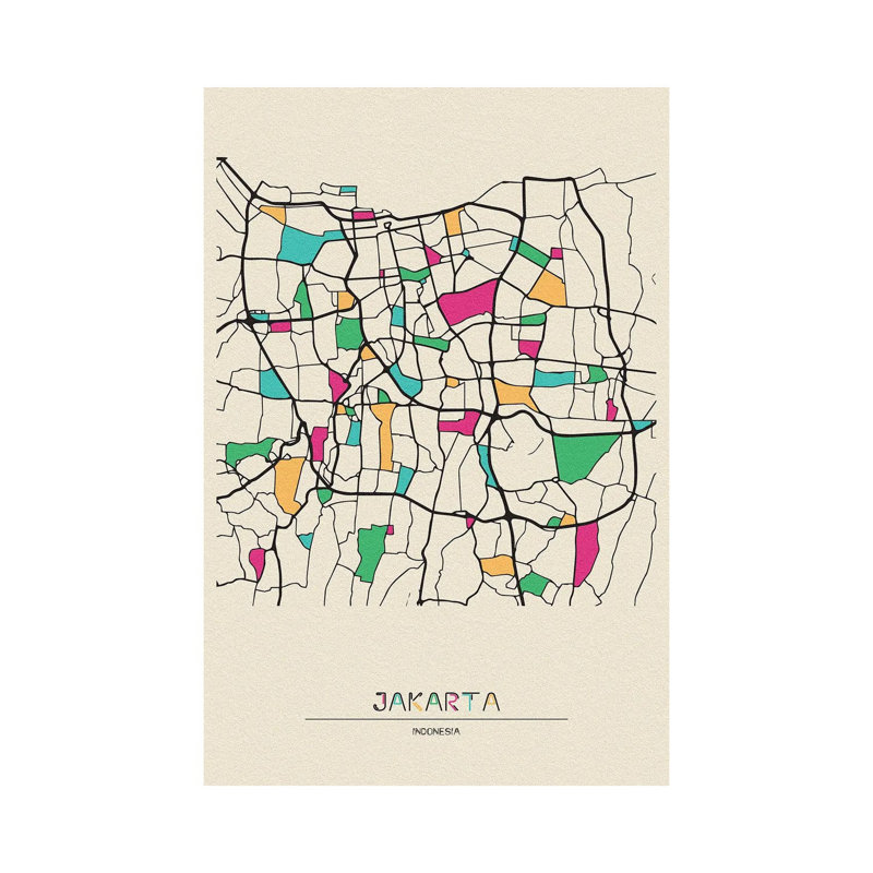 Jakarta, Indonesia Map by Ayse Deniz Akerman - Wrapped Canvas Print