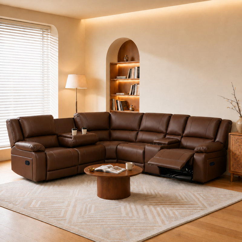 Canapé modulaire inclinable en similicuir 5 places Talley avec console de rangement et table rabattable, Brun-roux