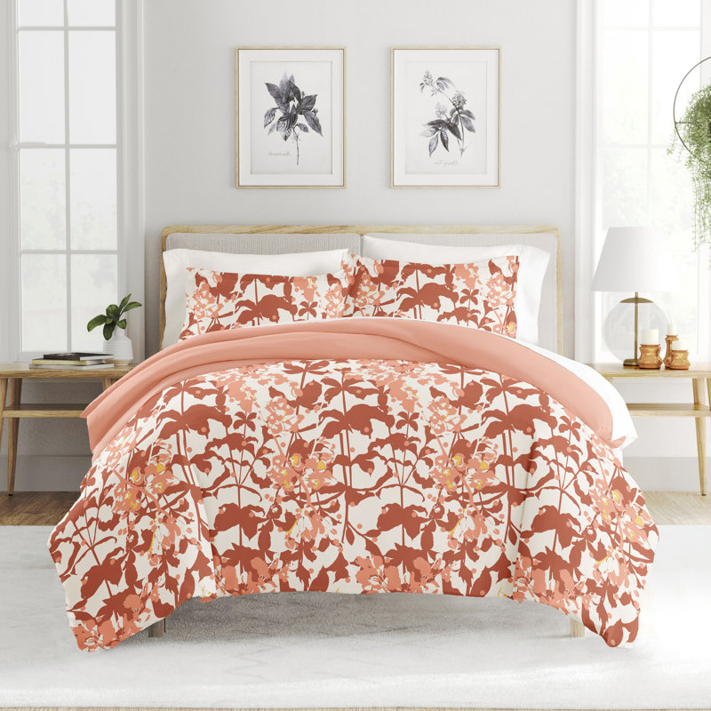 Clay and White Floral Microfiber Full/Queen Duvet Cover Set