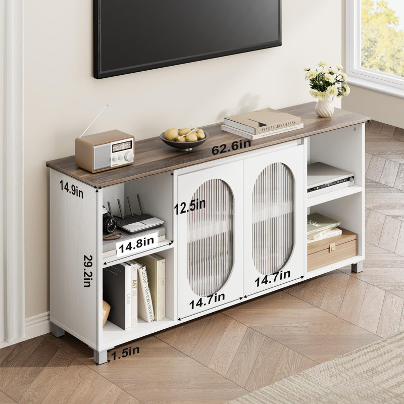 TV Stand for 63 Inch TV, Entertainment Center with Adjustable Shelf, Rattan TV Console with 2 Cabinets, Brown/White