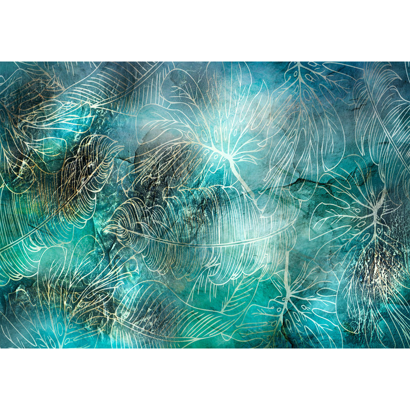 Papier peint botanique - Végétation turquoise, L 124 po x l 177 po