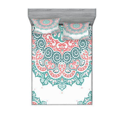 Ambesonne Oriental Fitted Sheet & Pillow Sham Turquoise Coral Teal