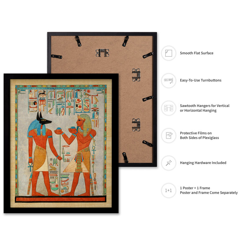 Le roi avec Anubis, tombe d'Haremhab, H 12 po x l 16 po, Affiche, Cadre noir