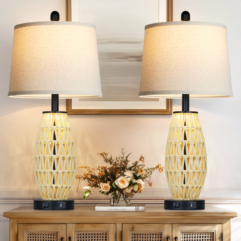 27" Rattan Table Lamps with Night Light & USB/Type-C Ports, LED Bulbs Included, Black/Light Natural