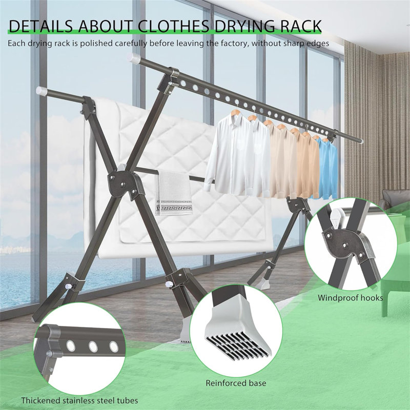 91 Inches Adjustable Folding Drying Rack - 42 Windproof Hooks