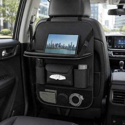 Car Backseat Organizer, PU Leather Foldable Tray Car Seat Back Organizer with Tablet Holder, Storage Pockets for Car Travel