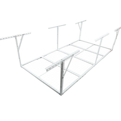 Étagère de rangement suspendue en métal blanc de 91 x 244 cm (3 x 8 pi), capacité de charge de 272 kg (600 lb), hauteur réglable de 56 à 102 cm (22 à 40 po) pour un dégagement optimal du sol, charge maximale de 56 à 102 cm (22 à 40 po).