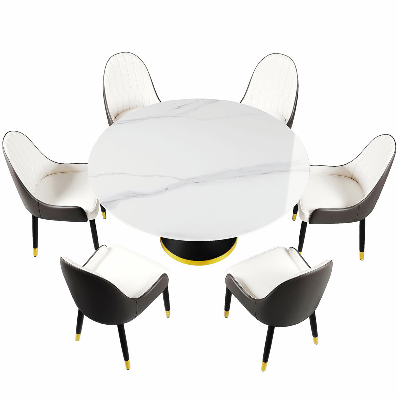 Benedic 6 - Person Modern Round Sintered Stone Dining Set with Pedestal Base, White, White/Brown