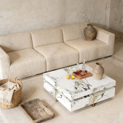 Table basse moderne carrée texturée en marbre avec 4 tiroirs et base suspendue, blanc, 43,3 po
