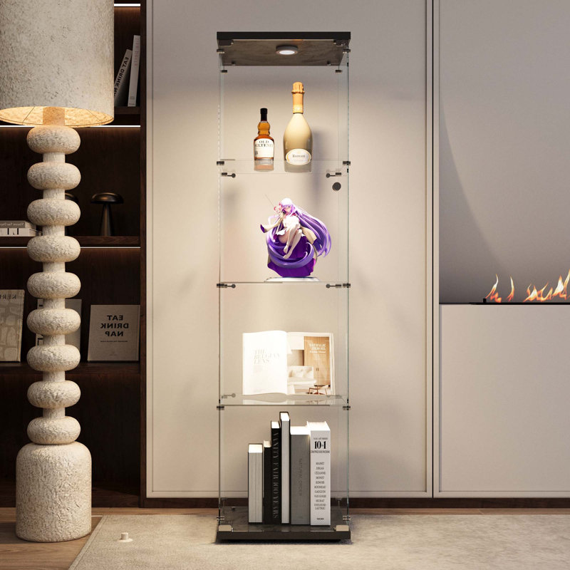LED Lights Glass Display Cabinet 4 Shelves With Door, Floor Standing Curio Bookshelf For Living Room Bedroom Office, 64.7"*16.7"*14.3"