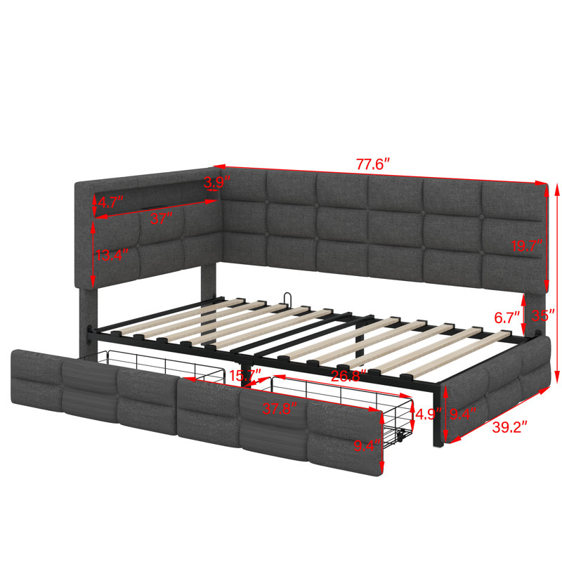 Lit de jour simple avec rangement 2 tiroirs et station de charge, Gris