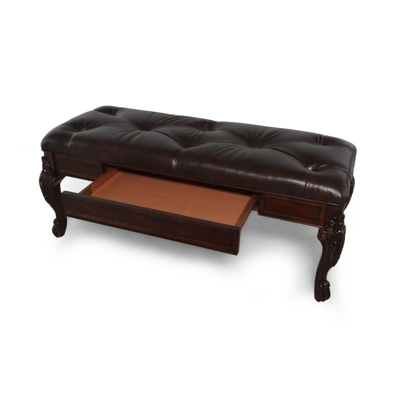 Traditional Pomegranate Cherry Leather Storage Bench with Carved Legs