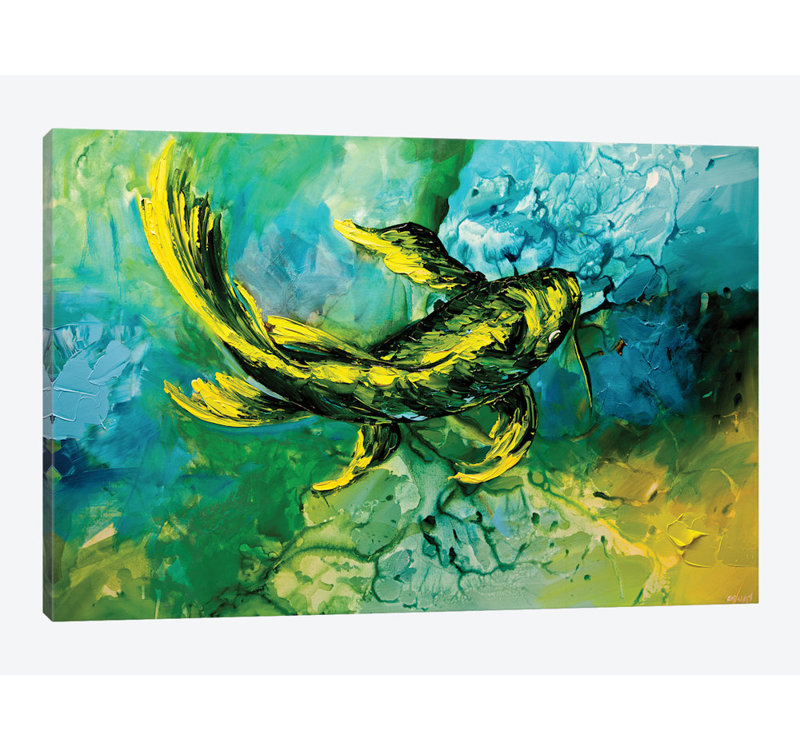 «Swiger Yellow Koi Fish», reproduction sur toile, H 26 po x l 40 po x P 1,5 po, Pas de tapis, Toile tendue